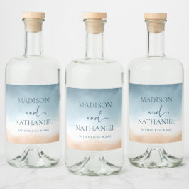 Elegante Blue Ocean Beach Shore Sand Wedding Alkoholflaschenetikett