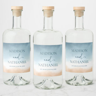 Elegante Blue Ocean Beach Shore Sand Wedding Alkoholflaschenetikett