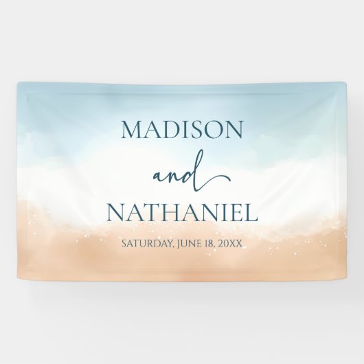 Elegante Blue Ocean Beach Shore Sand Wedding Banner (Horizontal)