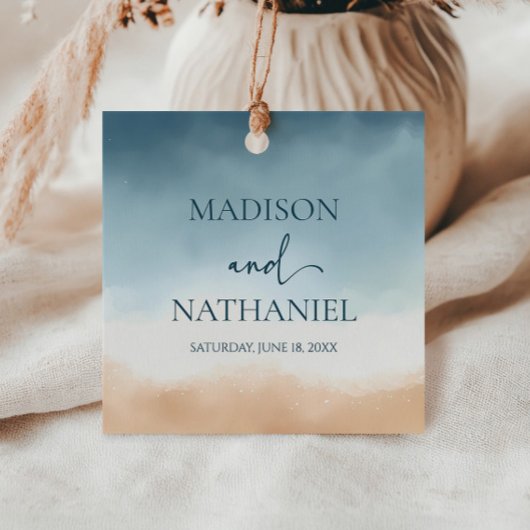 Elegante Blue Ocean Beach Shore Sand Wedding Geschenkanhänger