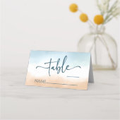 Elegante Blue Ocean Beach Shore Sand Wedding Platzkarte (Vorderseite)
