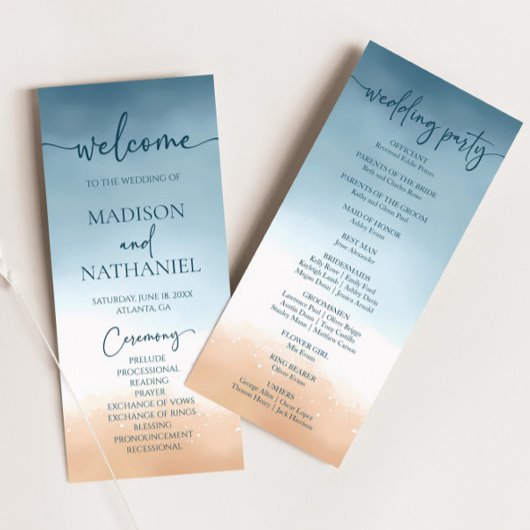 Elegante Blue Ocean Beach Shore Sand Wedding Programm