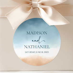 Elegante Blue Ocean Beach Shore Sand Wedding Runder Aufkleber