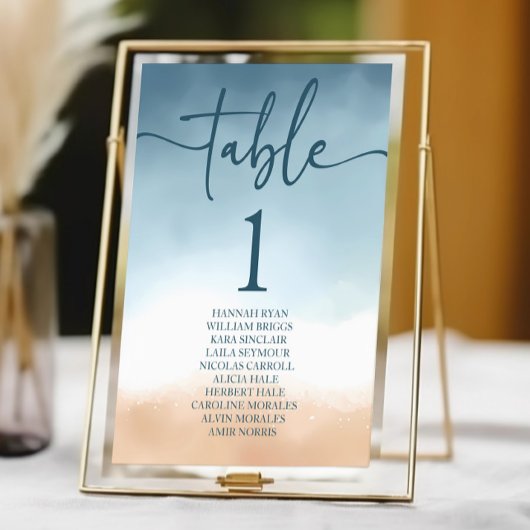 Elegante Blue Ocean Beach Shore Sand Wedding Tischnummer