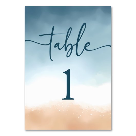 Elegante Blue Ocean Beach Shore Sand Wedding Tischnummer (Rückseite)