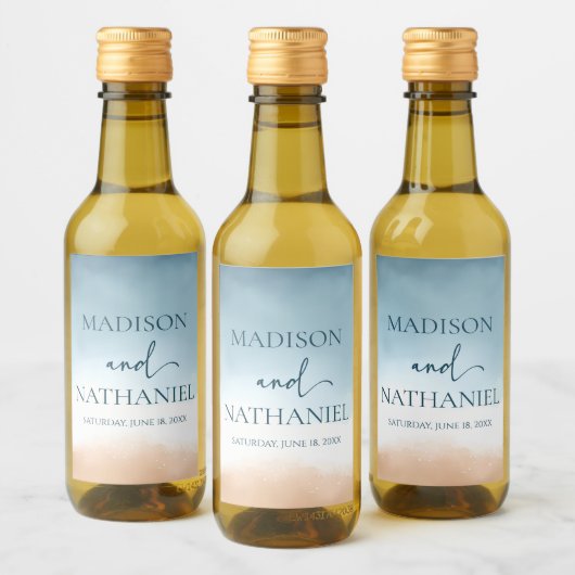 Elegante Blue Ocean Beach Shore Sand Wedding Weinetikett (Flaschen)