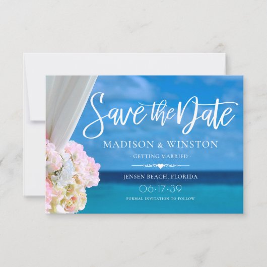 Elegante Blue Ocean Beach Summer Save the Date Car (Vorderseite)