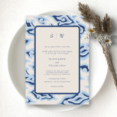 Elegante Blue Ocean Waves Monogram Wedding Einladung