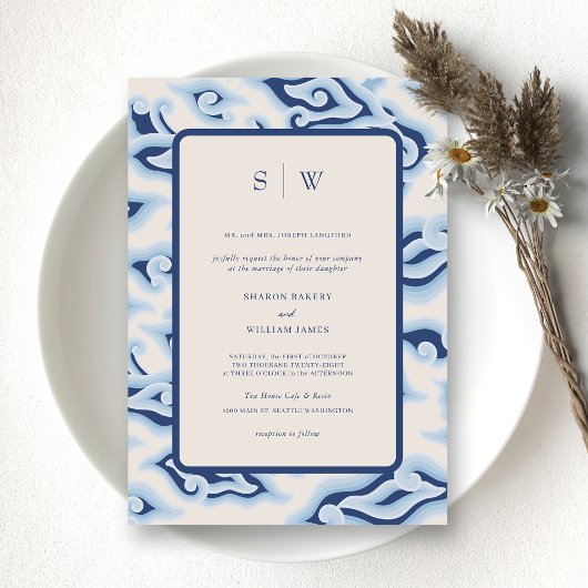 Elegante Blue Ocean Waves Monogram Wedding Einladung