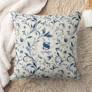 Elegante Blue Paisley Blätter - Weißer Hintergrund Kissen