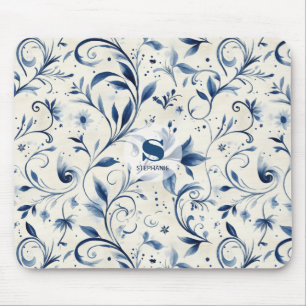 Elegante Blue Paisley Blätter - Weißer Hintergrund Mousepad