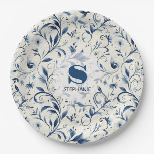 Elegante Blue Paisley Blätter - Weißer Hintergrund Pappteller