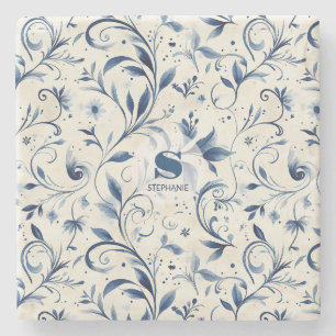 Elegante Blue Paisley Blätter - Weißer Hintergrund Steinuntersetzer