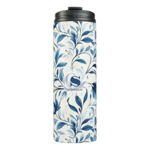Elegante Blue Paisley Blätter - Weißer Hintergrund Thermosbecher