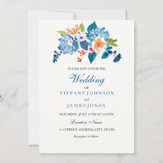 Elegante Blue & Peach Floral Wedding Einladung (Vorderseite)