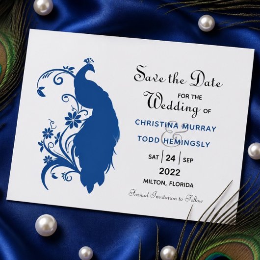 Elegante Blue Peacock Flat Save the Date Card