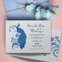 Elegante Blue Peacock Flat Save the Date Card