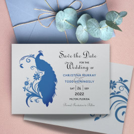 Elegante Blue Peacock Flat Save the Date Card