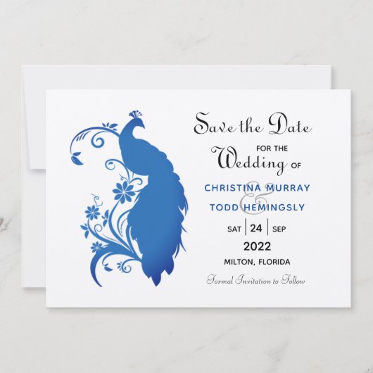 Elegante Blue Peacock Flat Save the Date Card (Vorderseite)