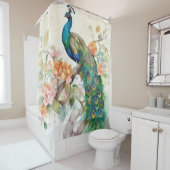 Elegante Blue Peacock Pink-Blume Duschvorhang (Beispiel)