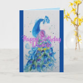 Elegante Blue Peacock Watercolor Geburtskarte Karte (Gelbe Blume)