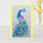 Elegante Blue Peacock Watercolor Geburtskarte Karte (Gelbe Blume)