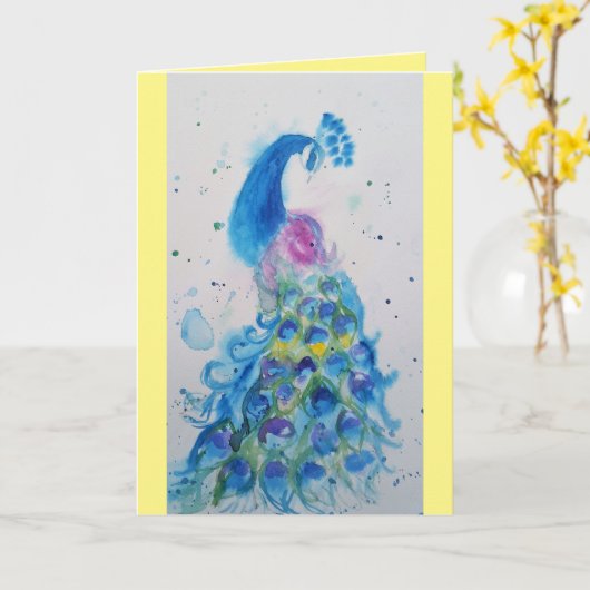 Elegante Blue Peacock Watercolor Geburtskarte Karte (Gelbe Blume)