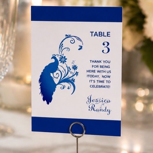Elegante Blue Peacock Wedding Table Card Tischnummer