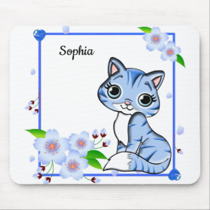 Elegante Blue Peony Blume und Blue Niedlich Cat Mousepad
