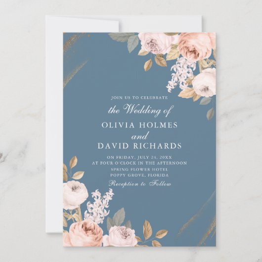 Elegante Blue Peony Rose Hochzeit Einladung (Vorderseite)