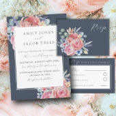 Elegante Blue & Pink Watercolor Rose Hochzeit Einladung
