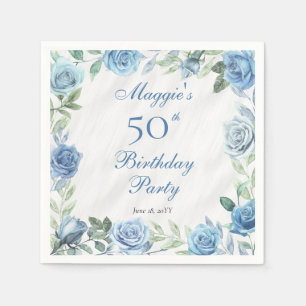Elegante Blue Rose Blumenrahmen 50. Geburtstagspar Serviette