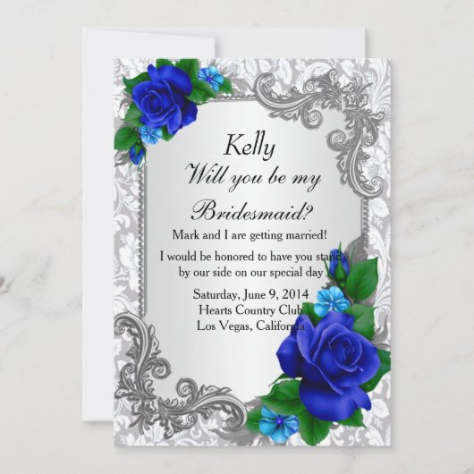 Elegante Blue Rose Bridesmaid Card Einladung (Vorderseite)