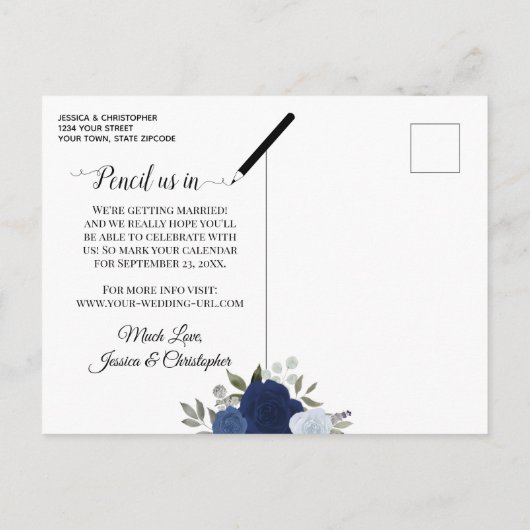 Elegante Blue Rose & Foto Wedding Save the Date Ankündigungspostkarte (Rückseite)