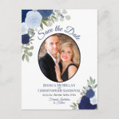 Elegante Blue Rose & Foto Wedding Save the Date Ankündigungspostkarte (Vorderseite)
