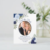 Elegante Blue Rose & Foto Wedding Save the Date Ankündigungspostkarte (Stehend Vorderseite)
