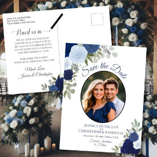 Elegante Blue Rose & Foto Wedding Save the Date Ankündigungspostkarte