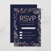 Elegante Blue Rose Gold Floral RSVP Cards (Vorne/Hinten)