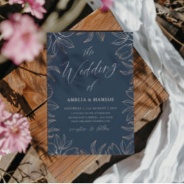 Elegante Blue & Rose Gold Foliage Hochzeit Einladung