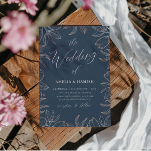 Elegante Blue & Rose Gold Foliage Hochzeit Einladung