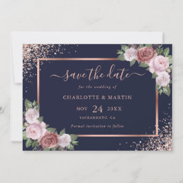 Elegante Blue Rose Gold Glitzer Blumenhochzeit Save The Date