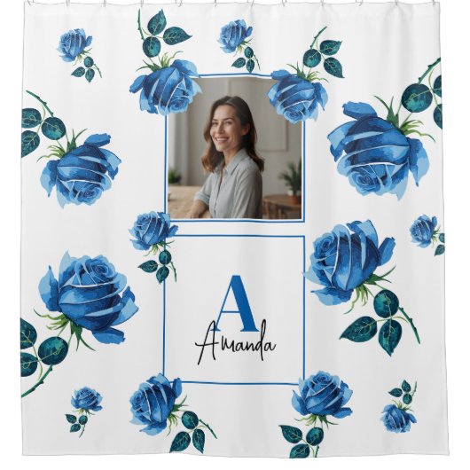 Elegante Blue Rose Monogram Custom Mama Duschvorhang (Vorderseite)