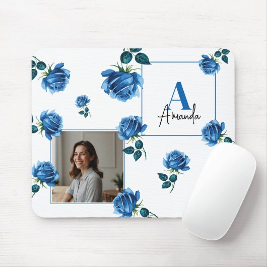 Elegante Blue Rose Monogram Custom Mama Mousepad (Mit Mouse)