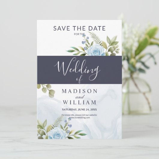 Elegante Blue Rose Save The Date (Stehend Vorderseite)