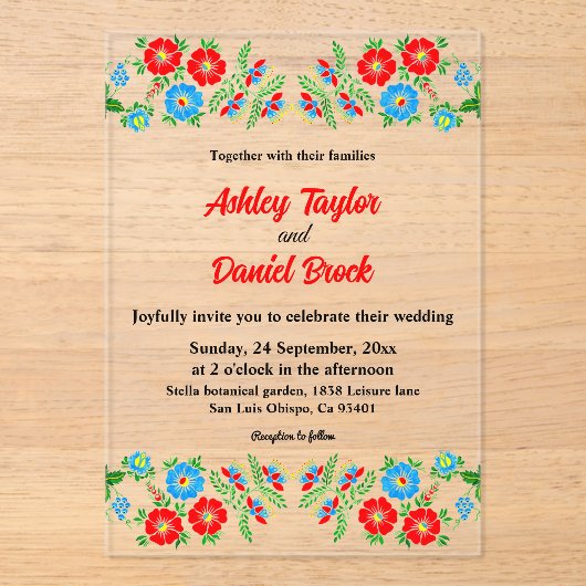 Elegante Blue Rote Rosen Botanische Hochzeit mit F Acryleinladungen (Vorderseite)