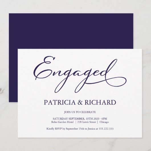 Elegante Blue Script Engagement Party Einladung (Vorne/Hinten)