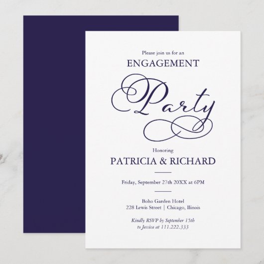 Elegante Blue Script Engagement Party Einladung (Vorne/Hinten)