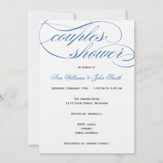Elegante Blue Script Paare Dusche Einladung