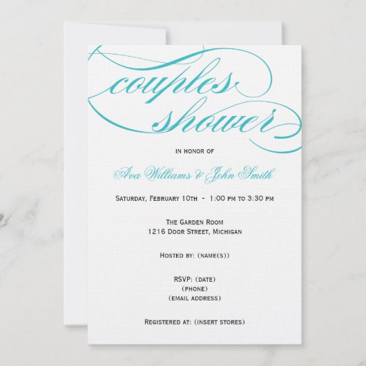 Elegante Blue Script Paare Dusche Einladung (Vorderseite)