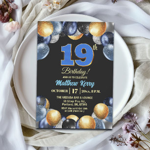 Elegante Blue Silber Gold 19. Geburtstagsfeier Einladung